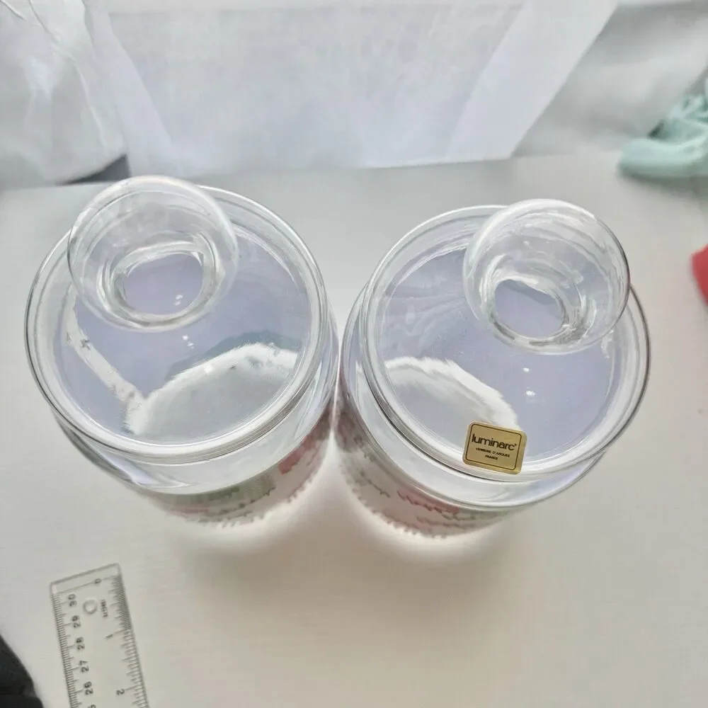 Vintage 2x Clear Glass Luminarc Happy Holidays Christmas Cookie Jars w Lids, L5
